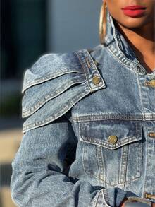 Women's  Denim Jacket With Removable Shoulder Pads & Multiple Pockets - Ideal For Dates, Daily Outfits, Commute & Gatherings - 藍色 - 查看 5