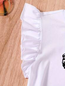 Girls Casual Round Neck Cartoon Print Ruffle T-Shirt, Knit Top And Flare Pants Set, Suitable For Home And Outings, Flare Pants Set - Pink - View 3