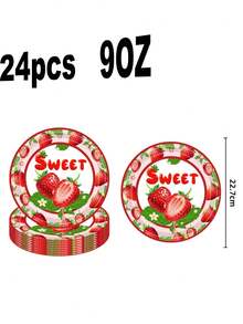 96 piezas "Sweet No.1" Juego de suministros para fiesta con tema de fresa - Platos, vasos y servilletas desechables de papel con estampado de fresa roja | Adecuado para celebración de 1er cumpleaños, fiesta temática dulce para niñas y fiesta con estilo de frutas | Decoraciones impresas "Sweet No.1" aplicables para recuerdos de fiesta infantil, decoraciones de fiesta en el hogar y artículos esenciales para ocasiones especiales - Multicolor - Ver 3