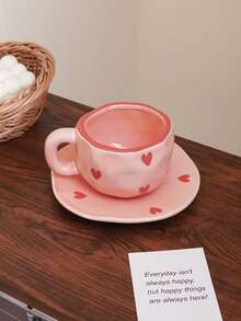 CMYD Studio 1 件 280 毫升原创北欧风格手工陶瓷咖啡杯碟套装，多色格子、心形、云朵、花卉图案，适合下午茶、牛奶、拿铁、甜点盘 - 很棒的礼物