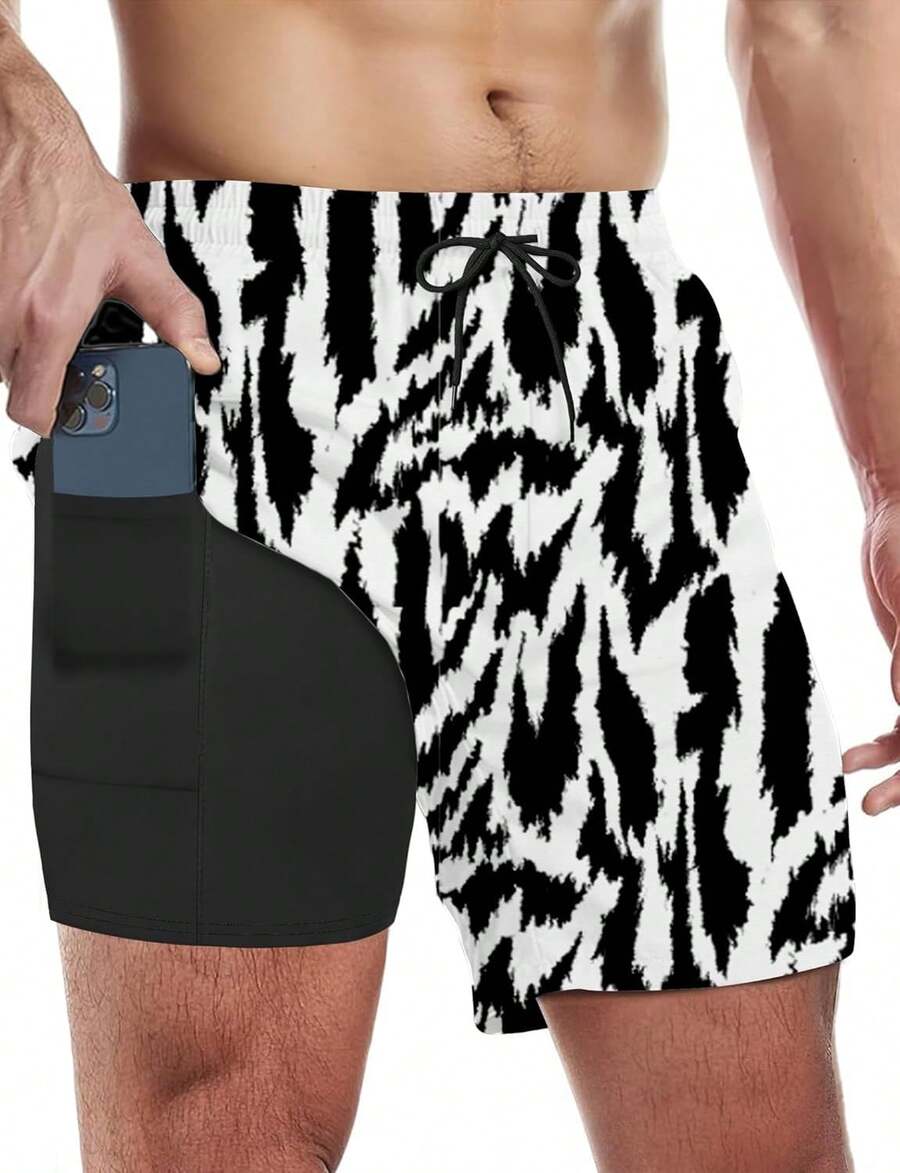 Mens Swim Trunks With Compression Liner 5 Inch Inseam Swim Shorts Quick Dry Mens Swimsuit Board Shorts With PocketsA Valentine's Day NIRT - Black and White Tiger Skin Pattern - View 1