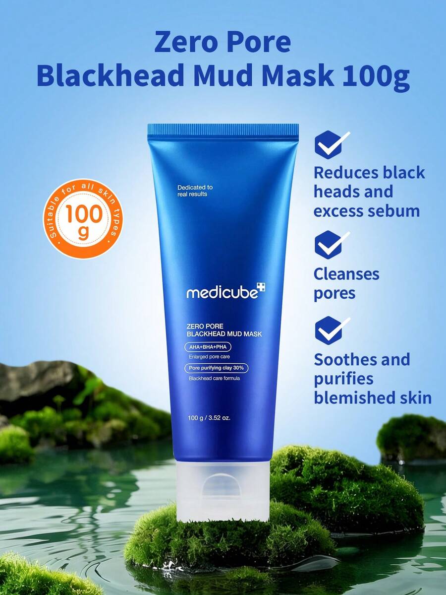 1罐100克 Medicube零毛孔黑头泥面膜，蕴含5种矿物泥和3种果酸复合物，清凉舒缓控油，深层清洁面部泥面膜，适用于油性及混合性肌肤，有效去除黑头和草莓鼻头，日常护理 - 零毛孔黑頭泥膜 100g - 查看 1