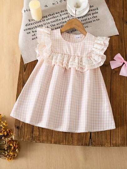 This Fashionable And Cute Baby Girl Spring/Summer Lace Trim Dress Features A Ruffle Hem And Capelet Design, Made Of Soft And Comfortable Fabric, Casual And Stylish, Very Suitable For Outdoor Activities, School, Parties, Daily Wear In Spring/Summer, Also Makes A Great Valentine's Day Gift.