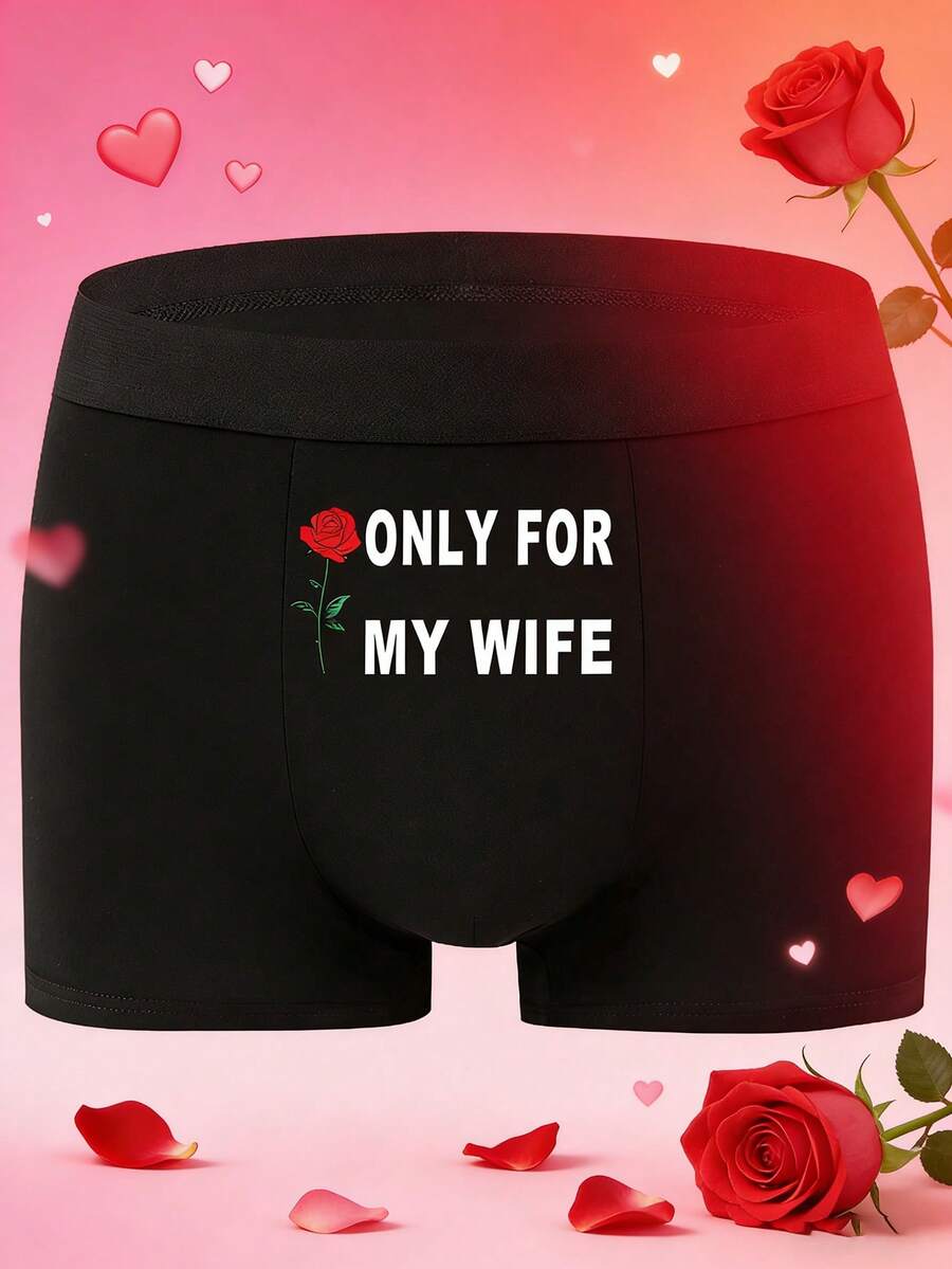 Men's Briefs With "ONLY FOR MY WIFE" Text And Red Heart Print, Comfortable, Practical And Fashionable, Ideal Gift For Valentine's Day