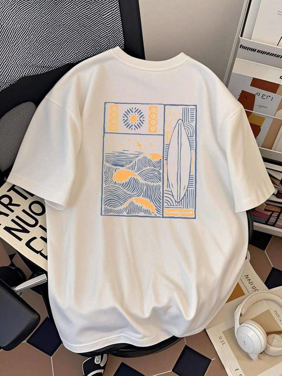 Men's Japanese Style T-Shirt With Ocean Wave Print - 100% Heavyweight Cotton, Crew Neck, Short Sleeve, Casual Top For Summer And Beach - 白色 - 查看 1
