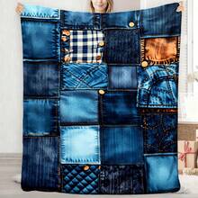 1pc Denim Patchwork Quilted Plaid Stitched Flannel Blanket| Soft Warm All-Season, Polyester, Ideal For Sofa, Bed, Office, Camping, Travel, Perfect Gift For Birthday, Anniversary, Festive Pattern, Home Decor - White - View 6