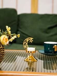 1Pc/Set Star And Moon Carved Candle Holder. The Candle Holder Is Made Of Metal And Is Decorated With A Combination Of Crescent Moons, Five-Pointed Stars, And Intertwined Floral Carvings. Its Style Blends A Star And Moon Theme With Vintage Carved Patterns. - Multicolor - View 5