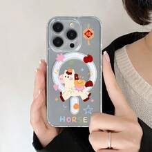 Cartoon horse phone case suitable for  17 16 16E 15 14 13 12 11 Pro Max 17 Air 16 Plu Transparent magnetic suction is simple and elegant, easy to charge, and acrylic material has a better hand feel - SKU1-1549WXcaballo de dibujos animados - Ver 2