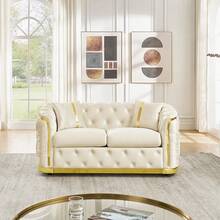 YOGLAD 1pc Luxury Italian Velvet Chesterfield Sofa Set 3+2 Seater, Split Living Room Sofa Couch With Gold Stainless Steel Trim, Button Tufted Curved Arm Velvet Sofa, Modern Light Luxury Upholstered Loveseater + 3-Seater Set With Throw Pillows For Home Living Room Apartment - 米色 - 查看 7