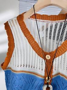 蓝白橙撞色镂空针织背心，V领单排扣无袖开衫 春季 - 藍白色 - 查看 6