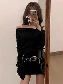 Đầm mini ôm sát dài tay trễ vai màu đen dịu dàng Y6Y Spring, kèm thắt lưng, phù hợp cho phong cách thanh lịch và gợi cảm. - màu đen - Xem 3