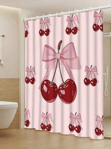 1/4pcs Pink Bow & Cherry Pattern Bathroom Curtain Set, Modern Style Home Decor Printed, Washable, Fashionable Theme, Suitable For All Seasons, Easy Installation - Includes 12 Hooks For Bathroom, Guest Room, Bedroom, Living Room - Multicolor - View 9