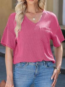 CILKOO 女士宽松扭结口袋V领休闲短袖T恤，春夏款 - 玫紅色 - 查看 7