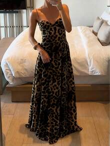 Women's Leopard Print Sleeveless Backless High Waist Dress, Elegant Woven Fabric, Summer - Brown - View 5