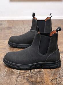 Men's Boots, Thick Sole Round Toe Pull-On Boots, Retro British Mid-Top Boots, Business Casual Daily Motorcycle Riding Boots, Men's Shoes - Gray-black - View 5