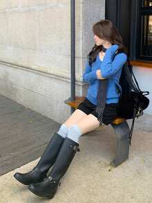 V领麻花针织长袖毛衣