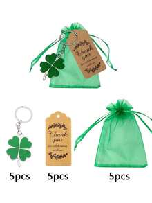15pcs Lucky Four-Leaf Clover Keychain Gift Set - Includes 5 Lucky Four-Leaf Clover Keychains, 5 Green Organza Bags, And 5 Kraft Paper Thank You Cards. Ideal Souvenir For St. Patrick's Day, Also Suitable For St. Patrick's Day Celebrations, Irish Themed Events, Beer Festivals, And Team Appreciation Parties. - Multicolor - View 8