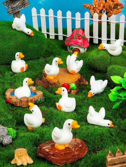 12 piezas de figuras en miniatura de gansos de resina, surtido de decoraciones de animales pequeños, adornos de gansos de escritorio pequeños, adecuados para jardín, césped, patio, micropaísaje, acuario, plantas en maceta, manualidades DIY