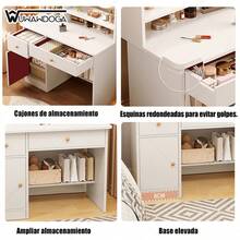 El Dormitorio Cuenta con un Tocador de Dos Cajones en un Estilo Minimalista Moderno, Completo con un Espejo, Tres Gabinetes de Almacenamiento y Estantes - Blanco - Ver 8