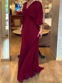 Dresses For Women,Women's Fashionable And Elegant Solid Color Pleated V-Neck Batwing Sleeve High Waist Full Skirt Long Dress - Màu đỏ rượu vang - Xem 2