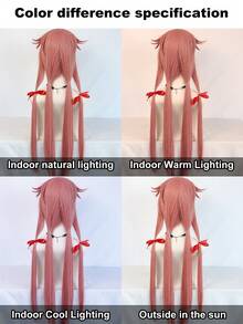 时尚女士超长直发粉色合成假发，带刘海、低马尾和两个红色蝴蝶结，采用耐热高温纤维制成，无需胶水，外观自然，适合节日派对、角色扮演、圣诞聚会、动漫服装等场合。舒适耐用，新手友好，是节日配饰的理想之选，尤其适合动漫展卡通人物造型，也是送给她的生日礼物。 - 彩色 - 查看 10