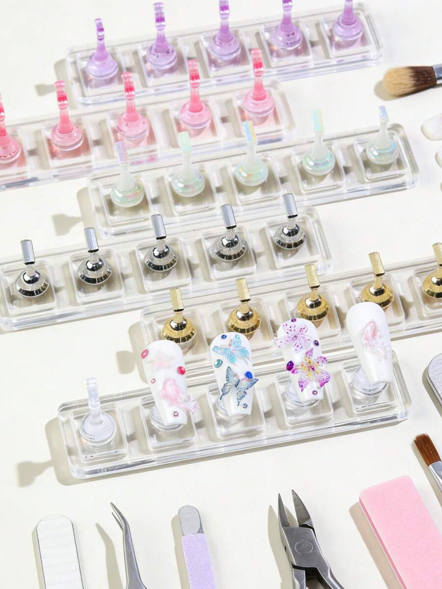 新款5格/套透明非磁性亚克力美甲支架，适用于按压式美甲、猫眼美甲练习及展示，美甲收纳工具，DIY美甲用品 - 彩色 - 查看 1