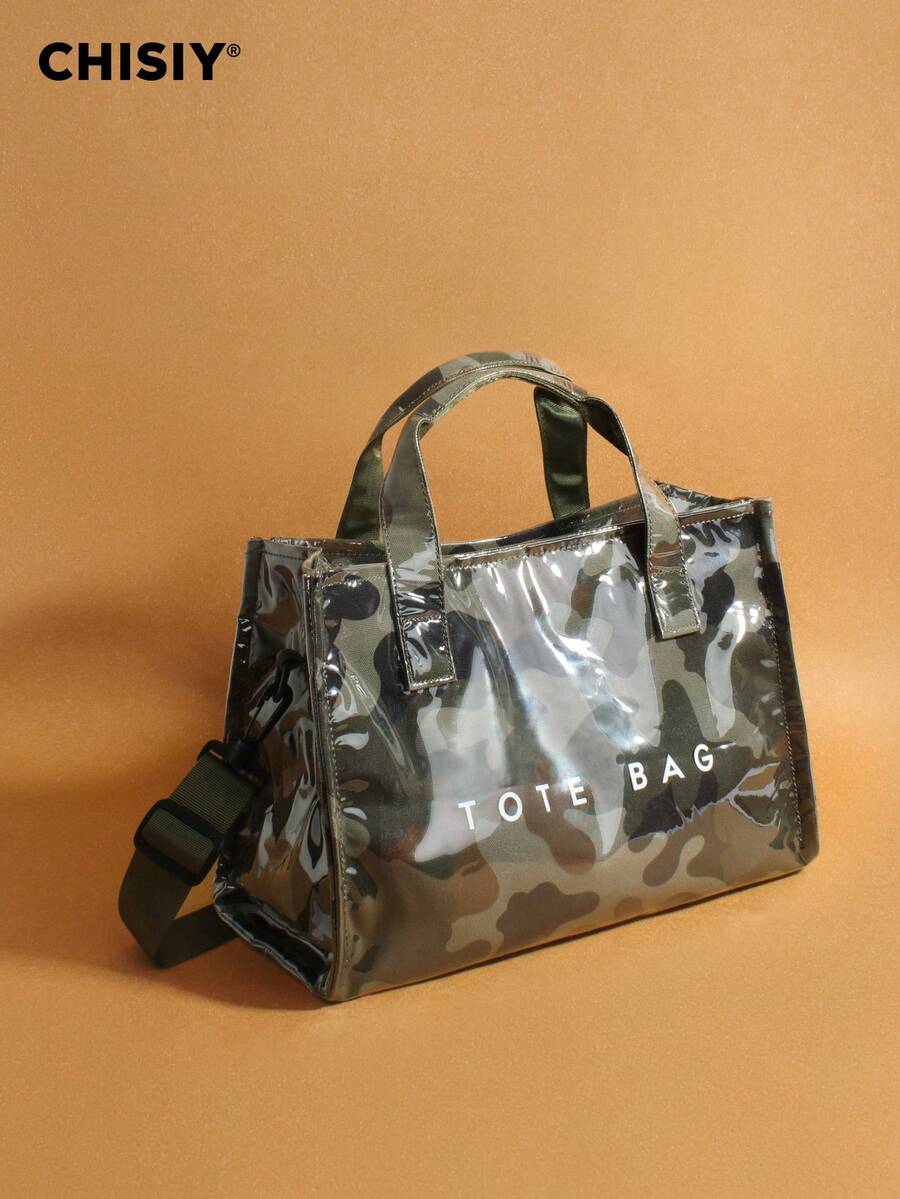 Large Capacity Transparent Camouflage Jelly Bag PVC Waterproof Handbag Shopping Bag Korean Version New Neutral Style Large Bag INS Internet Celebrity Matching Single Item Bag Retro Casual Street Niche Tote Bag Japanese Lazy Style Junior High School Student Class Tote Bag Fitness Yoga Travel Bag Mommy Bag Letter Simple Star Style Pleated Texture Advanced Texture Composite Paper Tote Bag - 迷彩綠 - 查看 1
