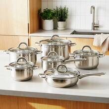 带玻璃盖的高品质不锈钢厨具套装，包括煎锅、不粘煎锅、炒锅、平底锅、炖锅和双耳汤锅。耐腐蚀，厨房必备配件。适用于电磁炉、燃气灶和电炉。 - 銀 - 查看 11