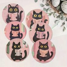 Black Cat Design Wooden Coasters For Home Dining Table - Non-Slip Decorative Drink Coasters, Suitable For Coffee And Tea Cups, For Home And Cafe Use, Holiday Gift For Friends, Suitable For All Seasons - Wooden Board-circle Coaster - View 2
