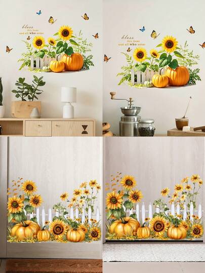 1 pieza Adhesivo de pared con diseño de girasol, calabaza, mariposa y planta verde - Autoadhesivo y removible de PVC de doble cara con un diseño floral y de mariposa vibrante, acabado mate para sala de estar, dormitorio, comedor, estudio, baño - Decoración del hogar fácil de pelar y pegar, arte decorativo de pared, decoración de mariposas, estilo art decó