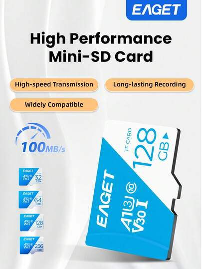 EAGET Micro SD-kort 256 GB 128 GB TF-minneskort med 100 MB läshastighet för smartphones, actionkameror, drönare, surfplattor och spelenheter. Tillförlitlig höghastighetsprestanda för långvarig inspelning.