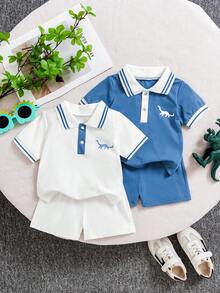 4件套夏季新款男婴恐龙印花Polo衫和休闲短裤套装 - 水鴨藍 - 查看 2