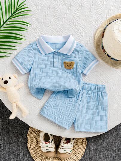 2pcs Men's Summer New Jacquard Fabric Polo Collar Embroidered Bear Top And Casual Shorts Set