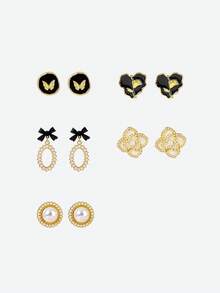 Opalesca 5雙/組仿珍珠花朵心形蝴蝶黑色滴油耳針,適合日常和節日穿戴 - 彩色 - 查看 1