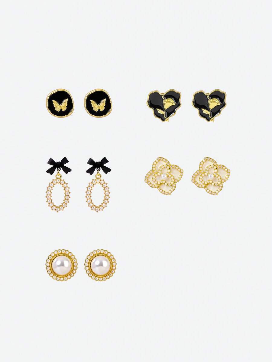 Opalesca 5雙/組仿珍珠花朵心形蝴蝶黑色滴油耳針,適合日常和節日穿戴 - 彩色 - 查看 1