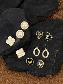 Opalesca 5雙/組仿珍珠花朵心形蝴蝶黑色滴油耳針,適合日常和節日穿戴 - 彩色 - 查看 2