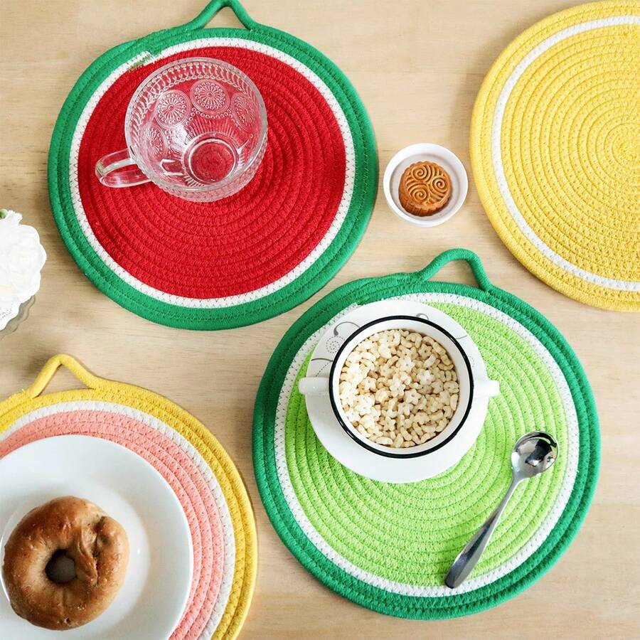 2pcs/Set Round 11.81inch(30cm) Cute Fruit Shaped Heat Insulation Placemats, Thick Woven Rope Braided Insulation Mats, Suitable For Plates, Pots, Potted Plants
