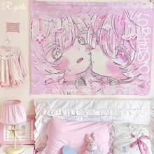 Kawaii Anime Pink Girl Tapestry – Home Decor Wall Hanging Bedroom Background Decor Cute Fashion Lady Tapestries For Living Room - T7-02-gT - View 1