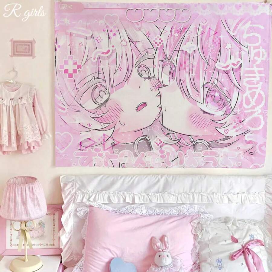 Kawaii Anime Pink Girl Tapestry – Home Decor Wall Hanging Bedroom Background Decor Cute Fashion Lady Tapestries For Living Room - T7-02-gT - View 1