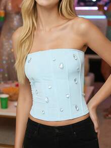 Women Tube Tops Sleeveless Strapless Rhinestone Decor Slim Fit Summer Crop Vest - Baby Blue - View 3