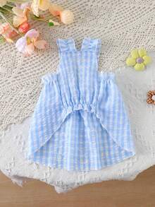 Blue & White Plaid Pet Suspender Dress With 3D Daisy Decor And Ruffle Trim, Suitable For Everyday Wear - Blue - View 4