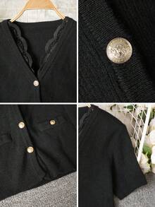 Lace V-Neck Metal Button Short Sleeve Cardigan, Fashionable And Elegant Knit Top - Black - View 7