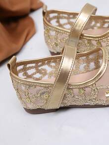 New Girls' Mesh Breathable Comfortable Sequin Round Toe Flat Shoes, Metal Material Gold Princess Mary Jane Shoes, Suitable For Ramadan Gifts For Kids/Daily Wear (2 Years - 18 Years)