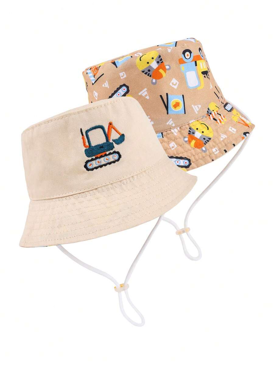 1顶儿童挖掘机印花双面渔夫帽，男女通用，适合日常户外防晒。 - 米色 - 查看 1