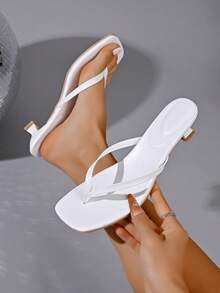 New Stylish Minimalist Square Toe Kitten Heel Sandals, Versatile Women High Heel Flip Flops - White - View 1