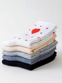 5 pares de calcetines de media pantorrilla con diseños de corazones y lunares, cómodos y transpirables para uso diario en pareja - Multicolor - Ver 6