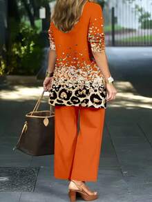 Plus Size Women's Fashionable Printed 3 Pieces Set Spring Elegant - Orange - View 2
