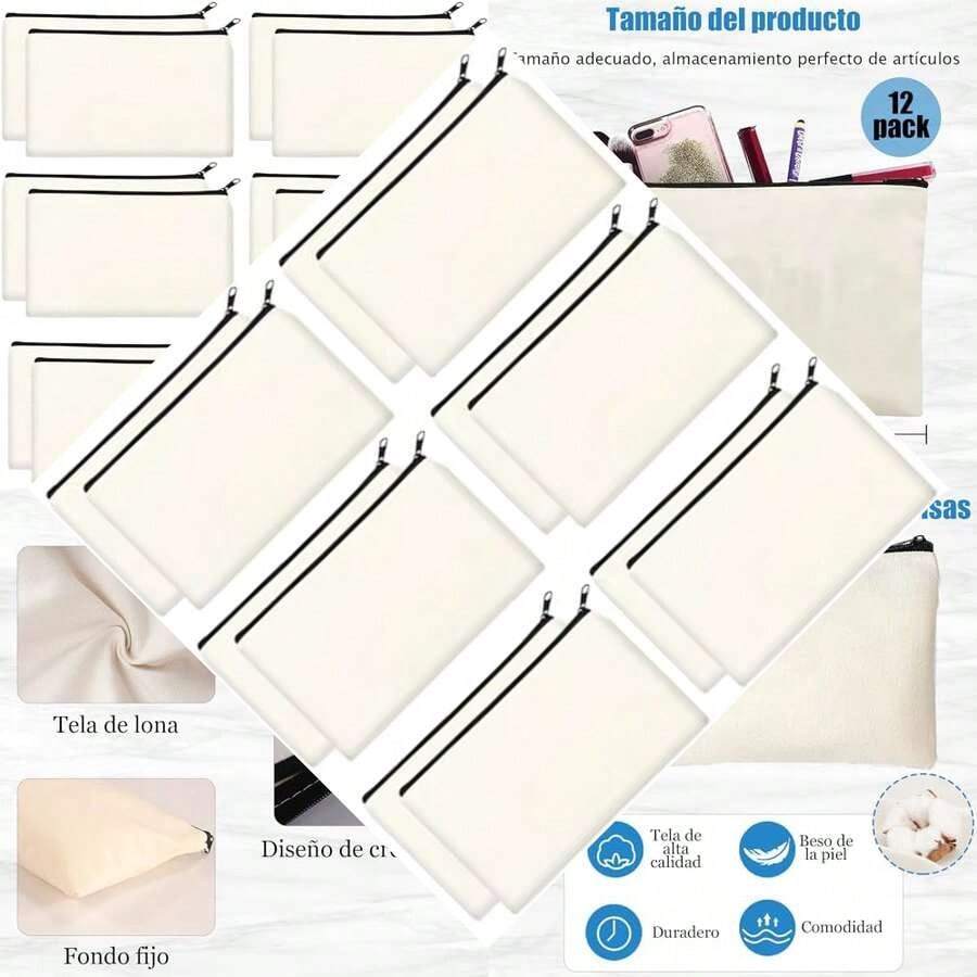 12 Cosméticos Multiusos Bolsas, Bolsa de Lona con Negro Cierre, Bolsas de Maquillaje, Bolsa de Lápices de Lona, Uso Diario Viaje Bolsa para Manualidades, Cosméticos, Facturas, 8 x 5 inch, Beige - como en la foto - Ver 1