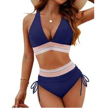 Women High Waisted Bikini Sets Tummy Control Swimsuits Color Block Two Piece Drawstring Bathing Suit Outdoorfun - Black - View 6