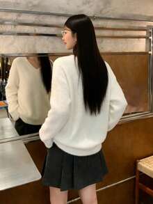 Women's Solid Color Fluffy Loose Soft Knit Sweater, Autumn/Winter - White - View 9